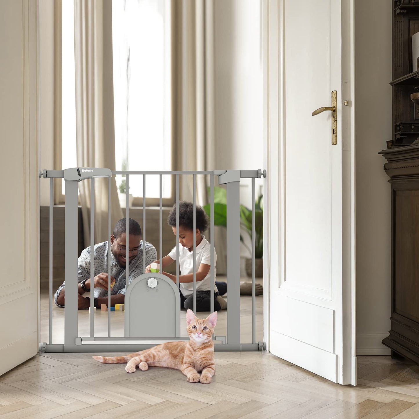 Babelio Upgraded Baby Gate with Cat Door, 29-43" Auto Close Durable Dog Gate for Stairs, Doorways and House, Easy Walk Thru Safety Gate with Pet Door Includes 4 Wall Cups, Black