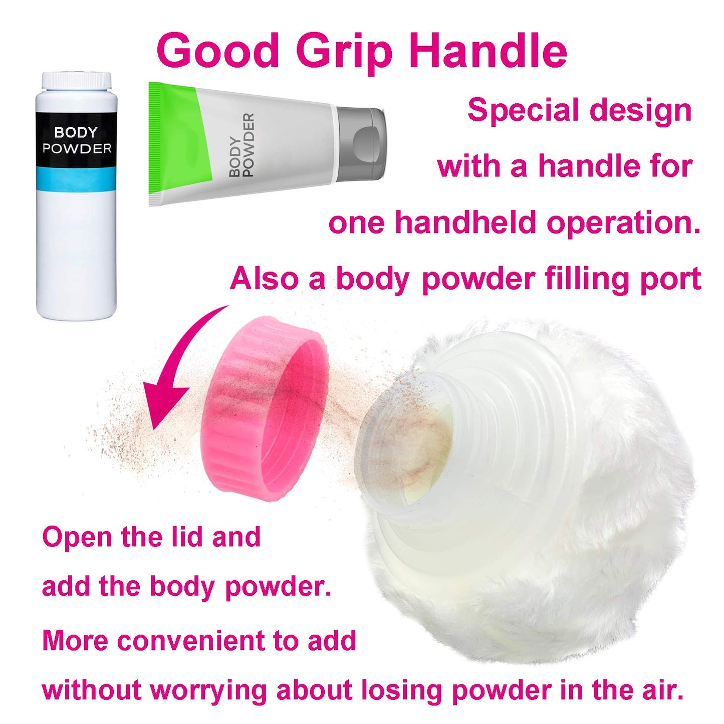 BPA Free Baby Powder Puff Box, Large 2.8" Fluffy Body After-Bath Powder Case, Baby Care Face/Body Villus Powder Puff Container, Makeup Cosmetic Talcum Powder Container with Hand Holder (Pink)