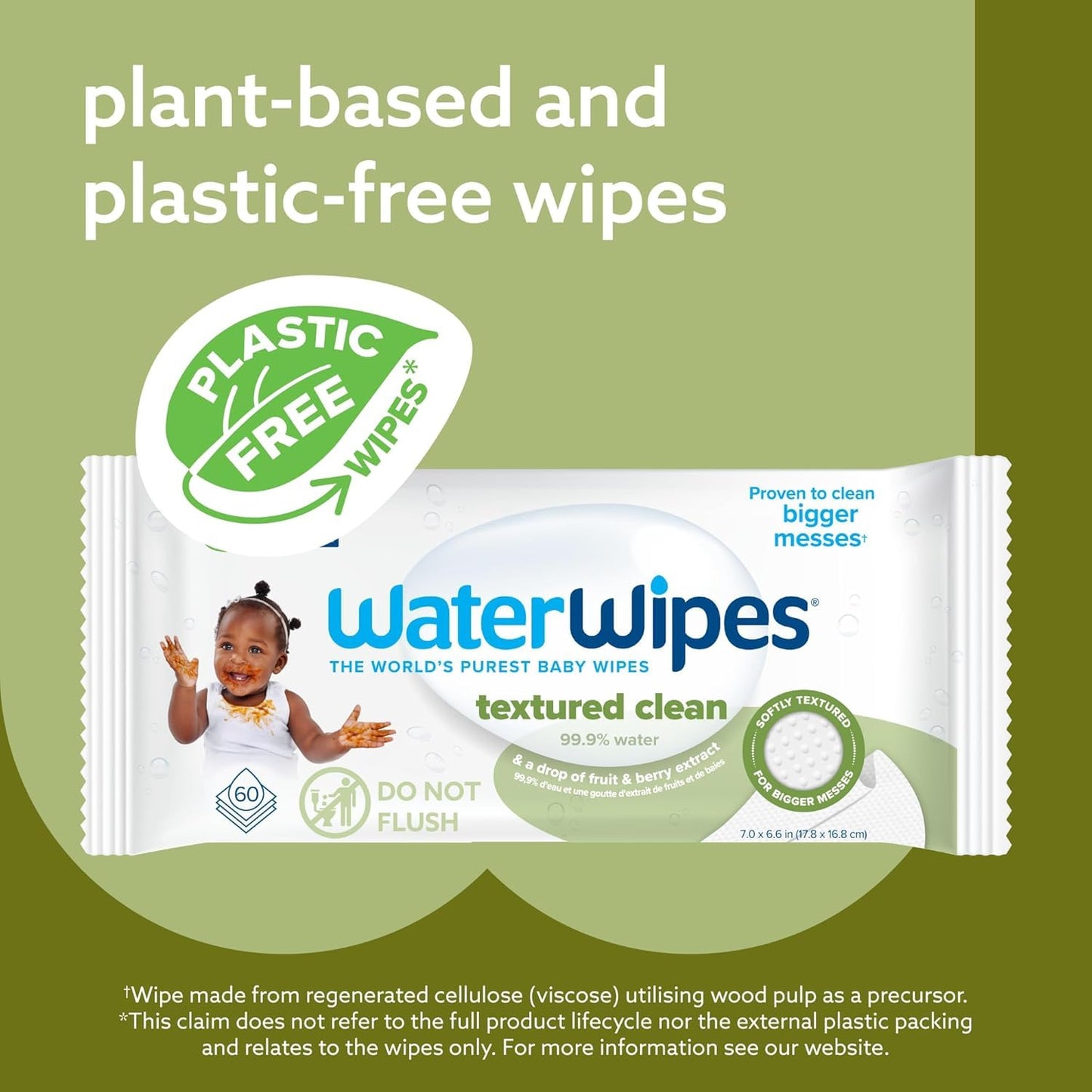 WaterWipes Plastic-Free Textured Clean, Toddler & Baby Wipes, 99.9% Water Based Wipes, Unscented & Hypoallergenic for Sensitive Skin, 60 Count (12 packs), Packaging May Vary