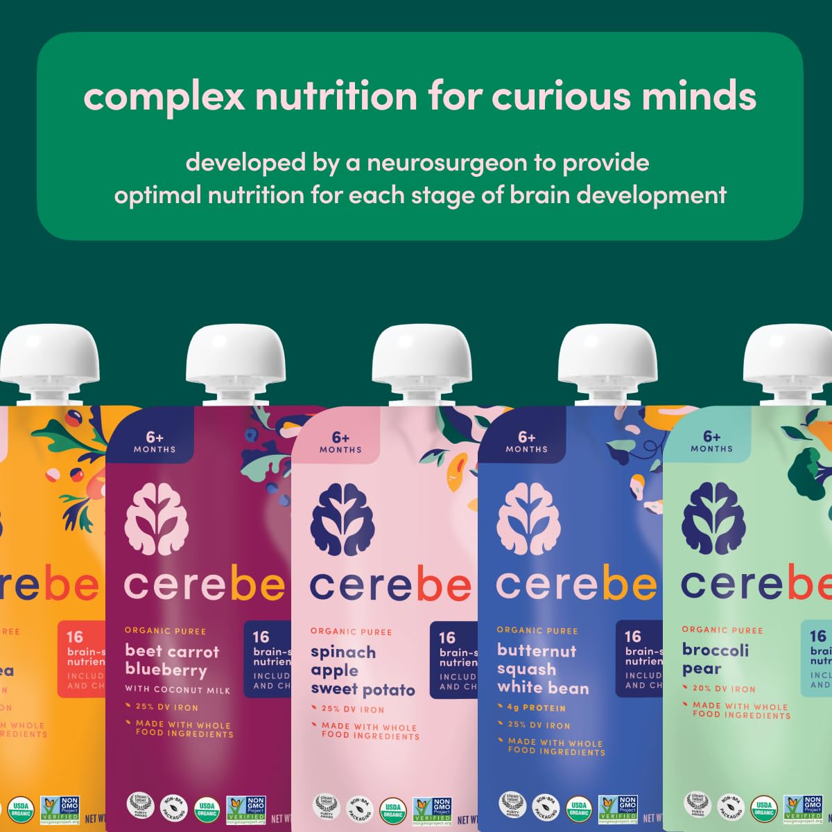 Cerebelly Organic Baby Food Pouches Variety Pack – Organic Veggie Purees for Toddlers | No Added Sugar, Fiber, Non-GMO | Blended Toddler Pouches | 4 Ounce BPA-Free Pouch | 4 Flavors | 8 Count
