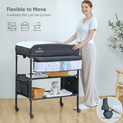BabyBond Portable Baby Changing Table with 2 Storage Baskets, Foldable Changing Table Dresser Waterproof Diaper Changing Table Height Adjustable Changing Station for Infant and Newborn(Beige)