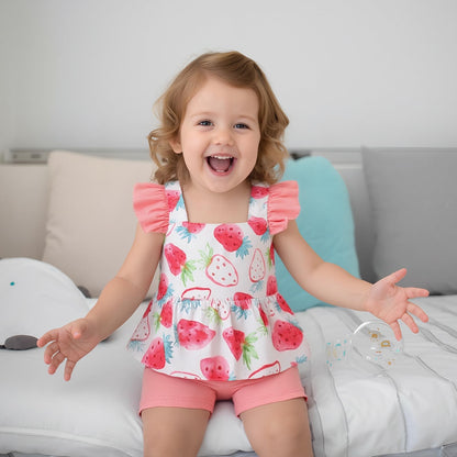 3-18M Newborn Baby Girl Pink Outfits Set Ruffle Sleeve Floral Top + Soild Shorts with Belt