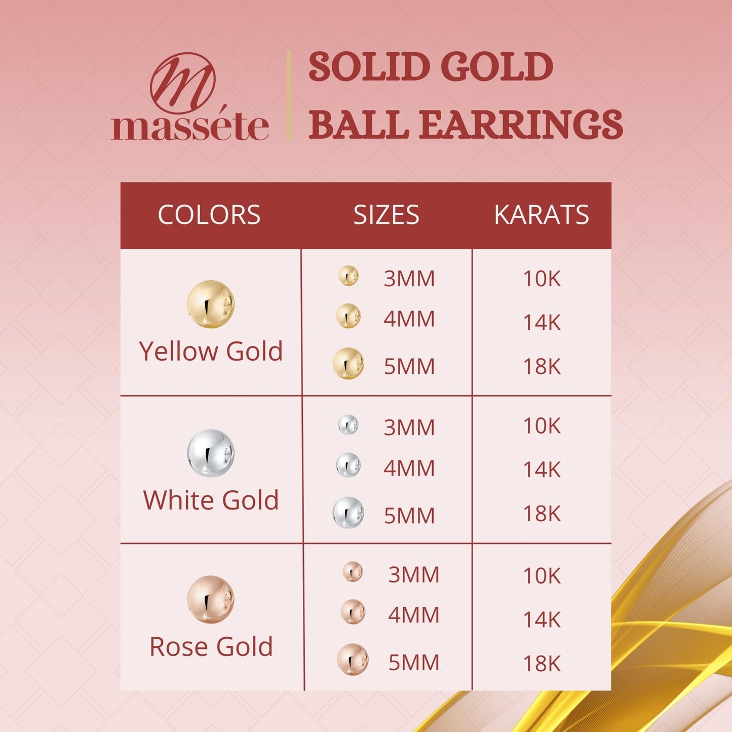 MASSETE Gold Ball Stud Earrings for Women and Girls Screwback | 10k, 14k, 18k | White Yellow or Rose Gold | 3mm 4mm 5mm | Nickel Free
