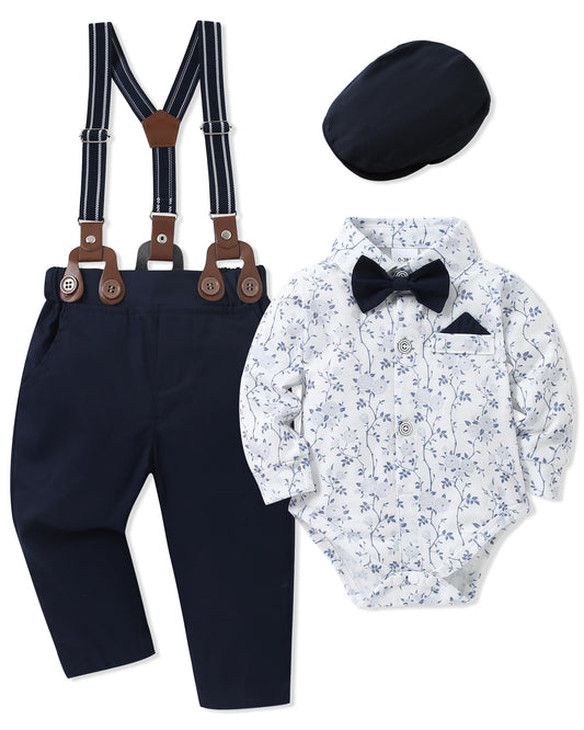 WESIDOM Baby Boy Clothes 0-18M Newborn Infant Gentleman Outfit, Shirt+Bowtie+Beret+Suspender Pant Baby boy Suit Clothing Set
