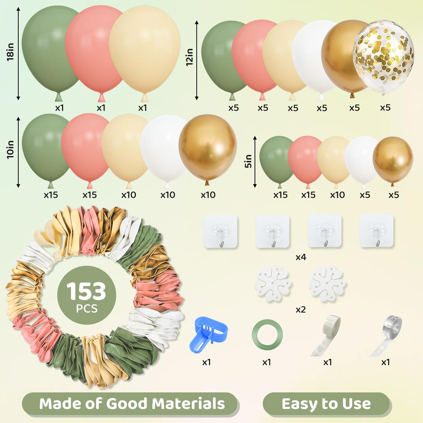 Amandir 153pcs Sage Green Balloon Garland Arch Kit, Different Sizes 18 12 10 5 inch Green Blush Gold Latex Metallic Confetti Gold Balloons for Birthday Baby Shower Wedding Safari Forest Decorations