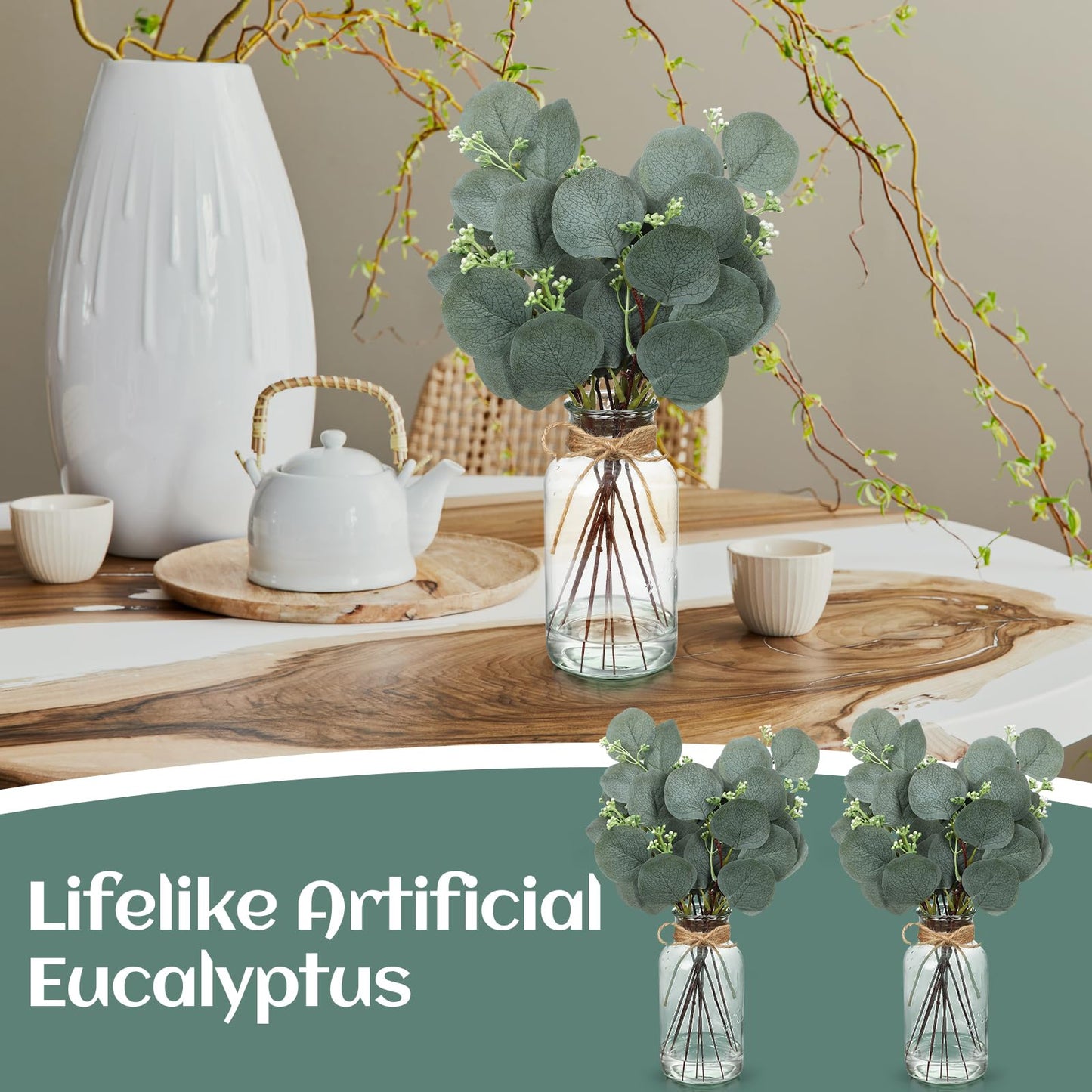 4 Pack Artificial Eucalyptus Stems in Glass Vase 15 Inch Fake Plants Eucalyptus Potted Fake Plant with Double-Sided Green Leaves for Desk,Farmhouse,Wedding,Home,Office Decor(Classical)