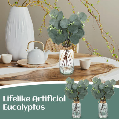 4 Pack Artificial Eucalyptus Stems in Glass Vase 15 Inch Fake Plants Eucalyptus Potted Fake Plant with Double-Sided Green Leaves for Desk,Farmhouse,Wedding,Home,Office Decor(Classical)