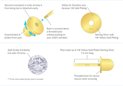 14k Gold Plated Brass Mouse Cubic Zirconia Screwback Baby Girls Earrings with Sterling Silver Post