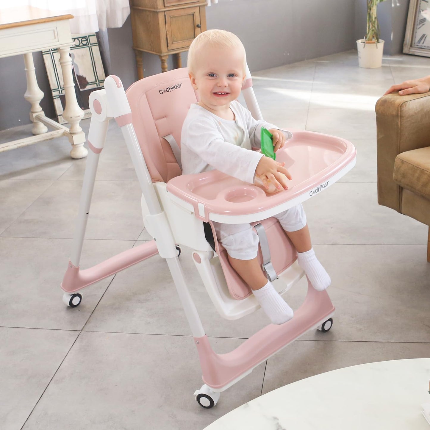 3-in-1 Foldable High Chair for Babies & Toddlers – Adjustable Height, Reclining Seat, 5-Point Safety Harness, Removable Tray, Lockable Wheels and Washable Cushion, Beige
