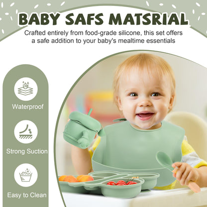 Silicone Baby Feeding Set, Baby Led Weaning Supplies, Silicone Suction Butterfly Plate, Bowl, Spoons, Fork and Waterproof Bib & Cloth Bib, Eating Utensils Baby Feeding Essentials (Purple)