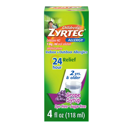 Zyrtec Children's 24 Hour Allergy Relief Syrup, 5 mg Cetirizine Hydrochloride Antihistamine, Kids Allergy Medicine for Indoor & Outdoor Allergy Relief, Dye- & Sugar-Free, Grape, 8 fl. oz