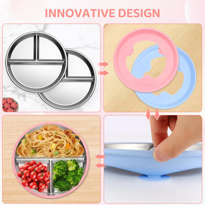 Stainless Steel Kids Plates, 2 Pcs Baby Silicone Suction Plate, 9" Divided Toddler Stainless Steel Plates, Non Toxic & BPA Free Non Slip, Dishwasher & Microwave Safe