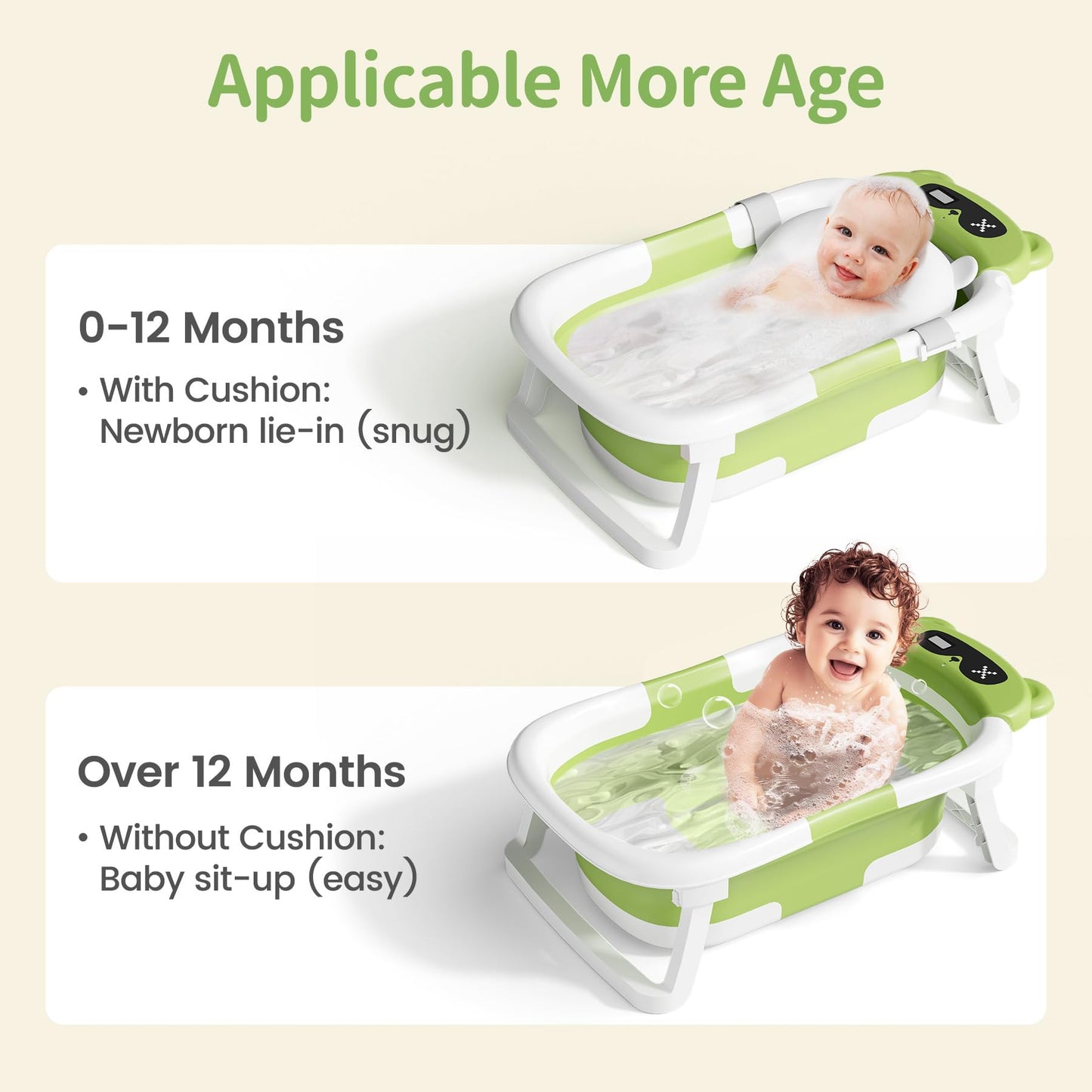 Collapsible Baby Bathtub for Newborn to Toddler (0-18 M) - Portable Baby Tub with Thermometer, Newborn Bathtub with Soft Towel and Floating Cushion (Brown)