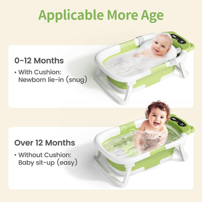 Collapsible Baby Bathtub for Newborn to Toddler (0-18 M) - Portable Baby Tub with Thermometer, Newborn Bathtub with Soft Towel and Floating Cushion (Brown)