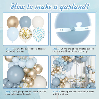 Ouddy Life 180pc Dusty Baby Balloons Arch Garland Kit, Blue Baby Shower Decorations Boy with Fog, Sand, White, Chrome, Gold, Champagne Balloons for Birthday, Boho, Bridal Shower Party Decor