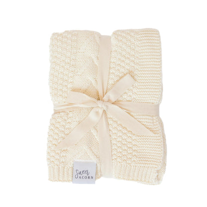 Knit Baby Blanket in Elegant Pattern, Organic Cotton Blankets for Crib or Stroller, Receiving Blankets - Salt White