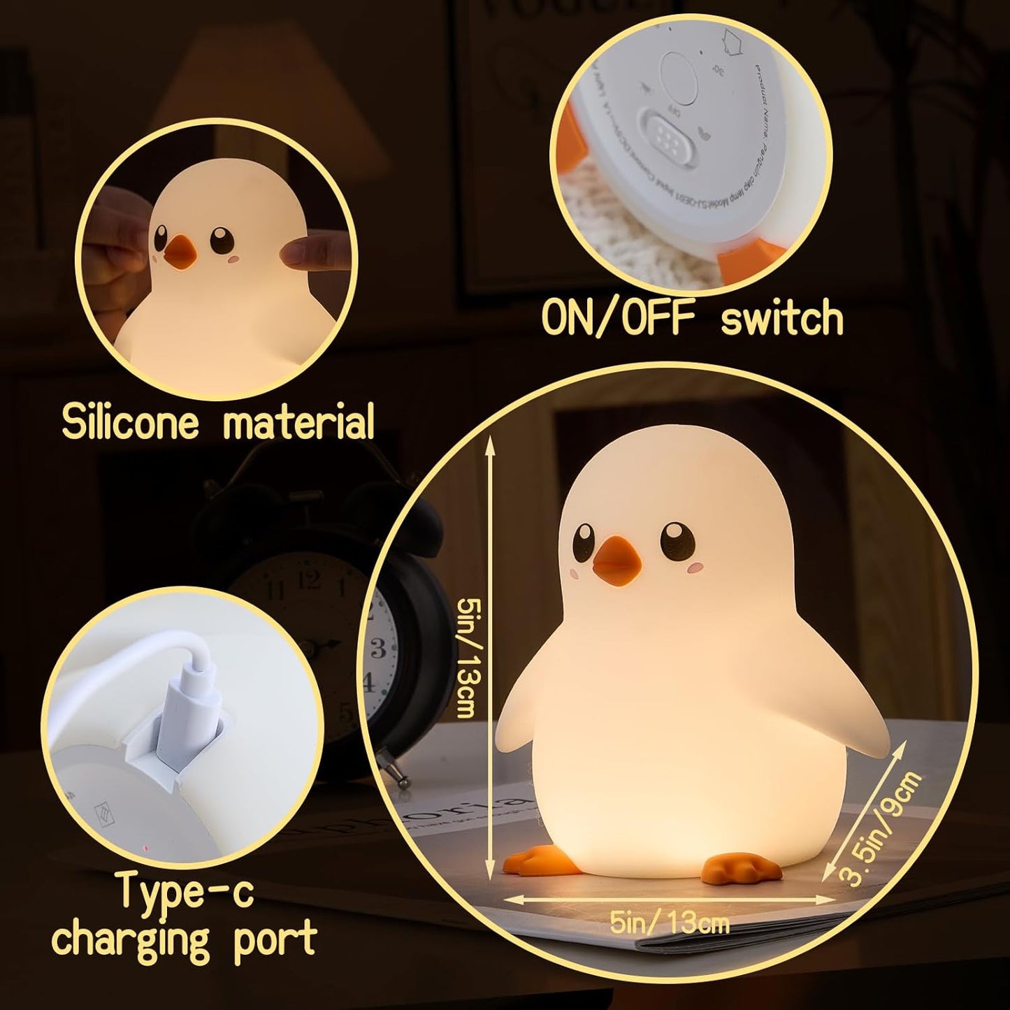 Night Light for Kids, Cute Silicone Night Light, Soft Glow, Animal Night Lamp(Penguin), Cute Light for Children's Room Decoration, Funny Gifts Stuff for Boys Girls Baby, Rechargeable