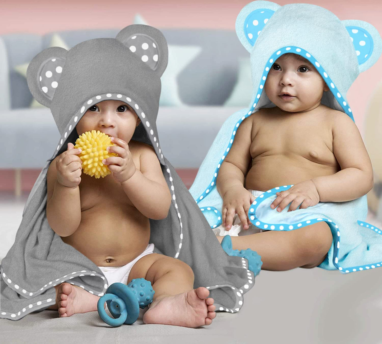 Set of 2 Hooded Baby Towels – White and Grey – Luxurious, Large and Super Absorbent – 30 x 30 Inch – Soft and Suitable for Infants, Toddlers and Kids – 400 GSM