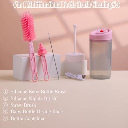 Baby Bottle Brush Set,Travel Baby Bottle Cleaner Kit,Silicone Bottle Brush with Stand Holder, Bottle Drying Rack,Babyshower Gifts for New Mom