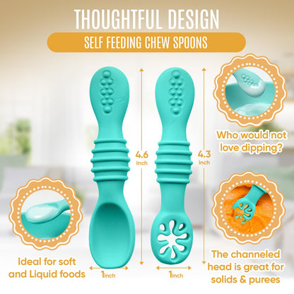 4pc Silicone Baby Spoons Self Feeding Baby Utensils 6-12 Months - 3 Baby Spoon - 1 Baby Fork - Toddler Cutlery Set - BPA Free, Dishwasher Safe, Baby Eating Essentials (Light pink/Army Green)