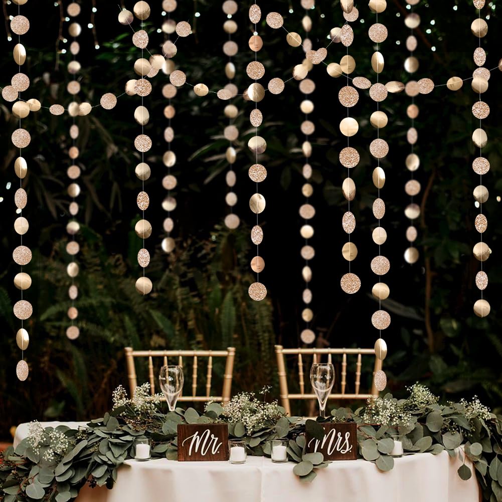 Decor365 Champagne Gold Birthday Decorations Glitter Dot Garland Circle Streamers Banner Backdrop Baby Showers Bridal Showers Christmas New Year Eve Anniversaries Graduations Holiday Parties Decor