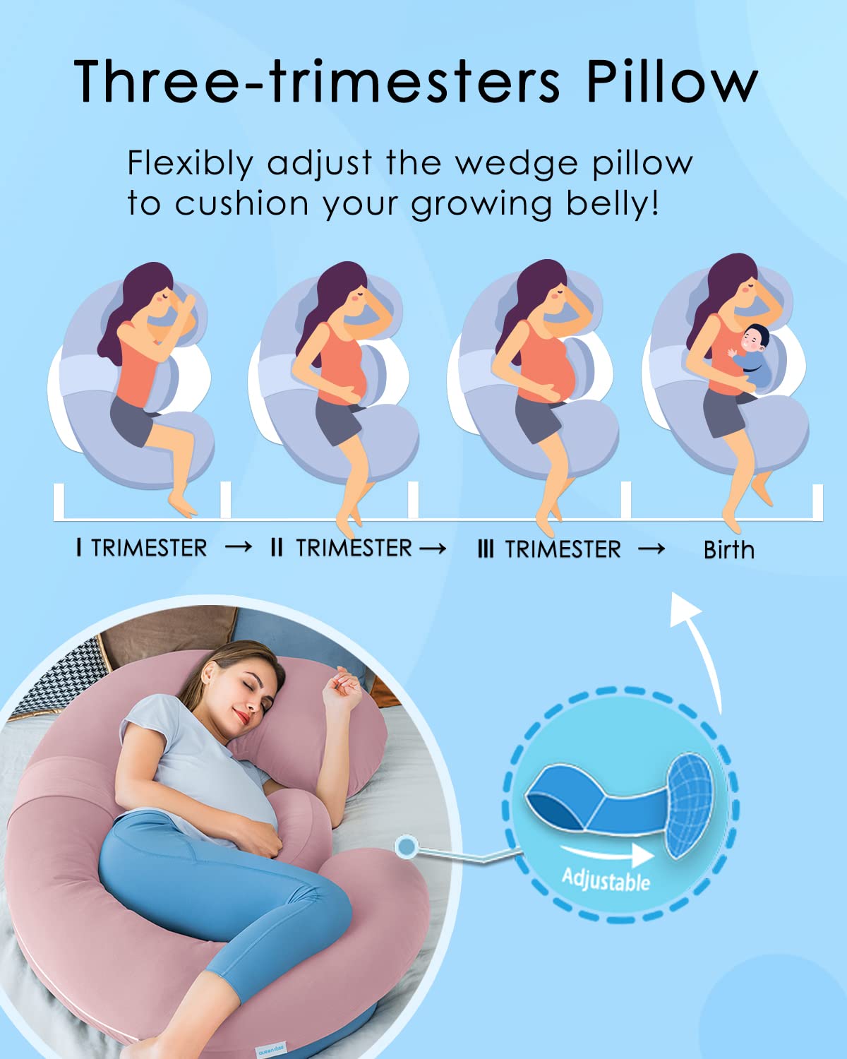 QUEEN ROSE Cooling Pregnancy Pillows,E Shaped Full Body Pillow for Sleeping, with Pregnancy Wedge Pillow for Belly Support, 60 Inch Maternity Pillow for Side Sleeper, Cooling Rayon Cover, Purple
