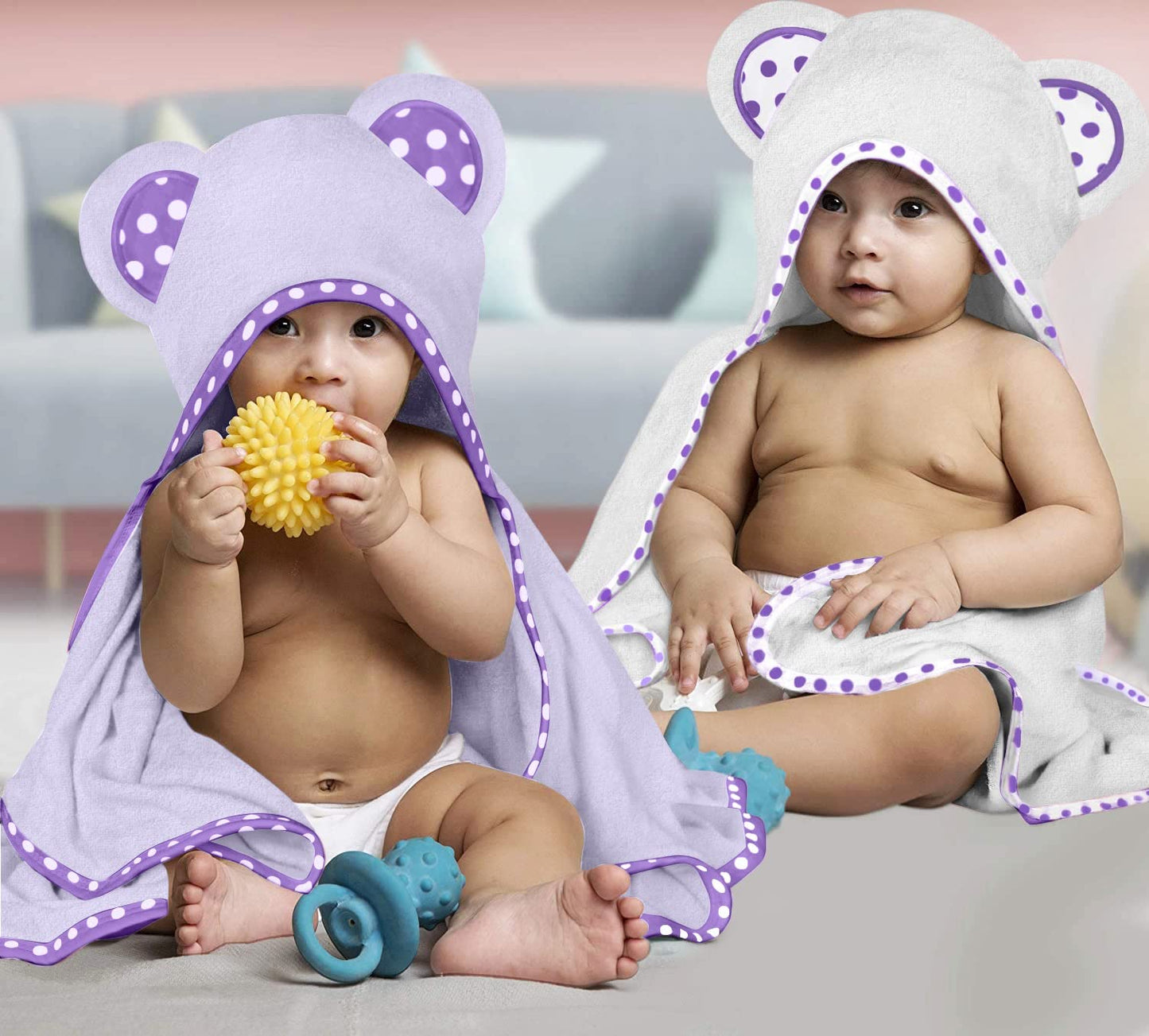 Set of 2 Hooded Baby Towels – White and Grey – Luxurious, Large and Super Absorbent – 30 x 30 Inch – Soft and Suitable for Infants, Toddlers and Kids – 400 GSM