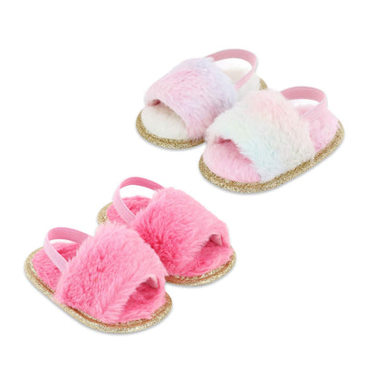 2 Pack Infant Baby Girls Sandals Elastic Back Strap Flats Slippers Soft Toddles Princess Shoes Faux Fur Slides Shoes First Walker House Shoes