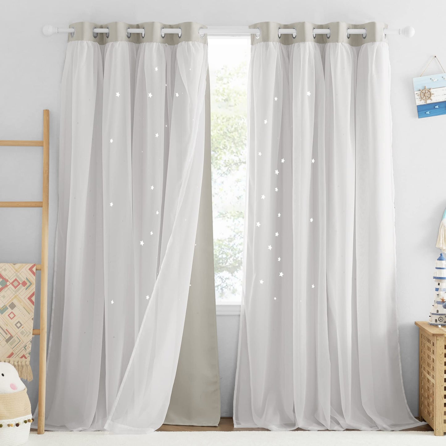 NICETOWN Nursery Curtains for Kids, Farmhouse Blackout Curtain Panels for Bedroom, Double Layer Star Hollow-Out Grommet Aesthetic Living Room Toddler Window Curtains, 2 Pcs, W52 x L84, Biscotti Beige