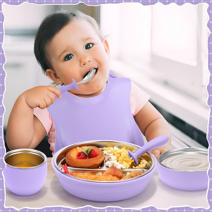 Nuogo 6 Pcs 304 Stainless Steel Kids Plates and Bowls Set Stainless Steel Suction Bowls and Toddler Cup with Removable Silicone, Forks Spoons Pocket Bib for Baby Toddle(Pink,Round)