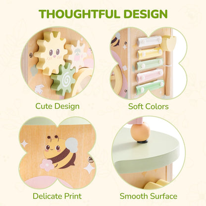 ROBUD Wooden Activity Cube, Educational Wooden Toys with 7 Functional Areas, Montessori Toys for 1+ Year Old Boys & Girls, Flower Bush Theme