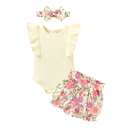 Tiny Cutey Baby Girl Clothes Infant Summer Outfits Set Ruffle Sleeve Romper and Floral Shorts with Headband