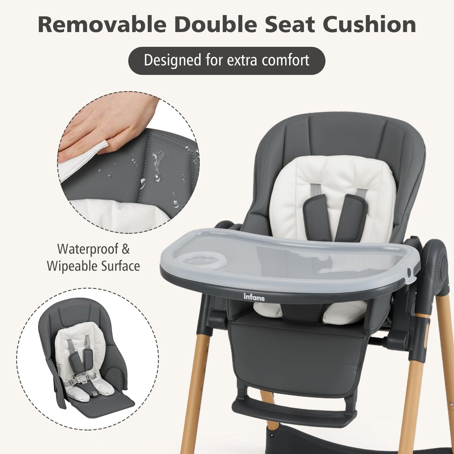 INFANS Baby High Chair, High Chairs for Babies & Toddlers with Adjustable Height Backrest Footrest Removable Tray, Easy to Clean PU Seat Convertible Quick Folding Portable Highchair (Dark Gray)