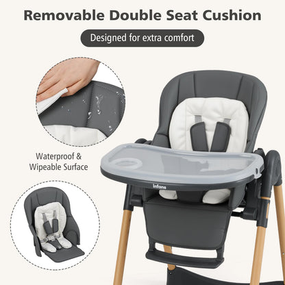 INFANS Baby High Chair, High Chairs for Babies & Toddlers with Adjustable Height Backrest Footrest Removable Tray, Easy to Clean PU Seat Convertible Quick Folding Portable Highchair (Dark Gray)