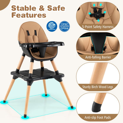 BABY JOY 6 in 1 High Chair, Convertible High Chairs for Babies and Toddlers/Booster Seat/Table and Chair Set, Infant Wooden Highchair w/ 5-Point Harness, 4-Position Removable Tray & PU Cushion, Coffee