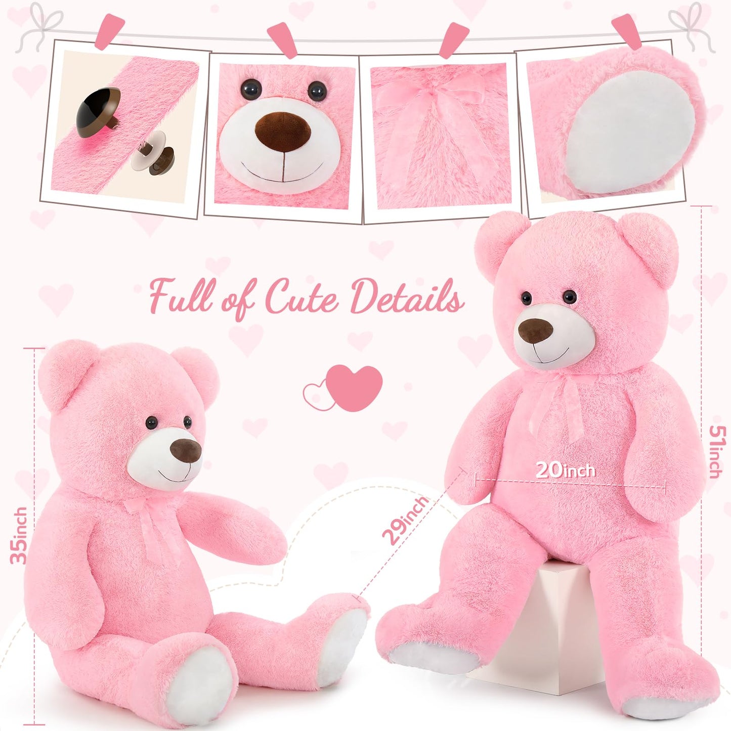 51 inch Big Teddy Bear Cute Giant Stuffed Animals Soft Plush Toy for Girlfriend Kids for Birthday Christmas Valentine's Day