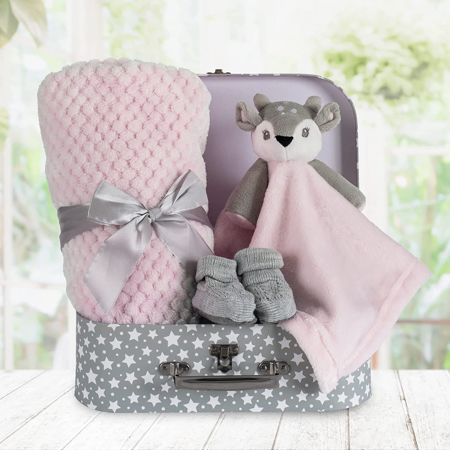 Baby Blue Bunny Security Blanket & Keepsake Box - Soft Fleece, Booties & Gift Basket - Unique Newborn Present