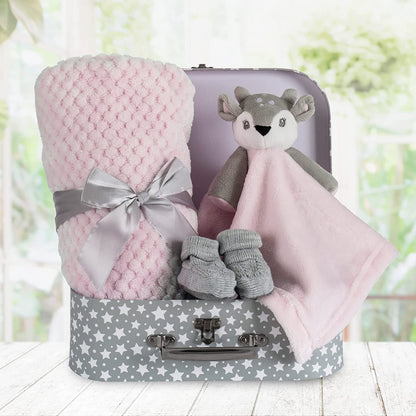 Baby Blue Bunny Security Blanket & Keepsake Box - Soft Fleece, Booties & Gift Basket - Unique Newborn Present