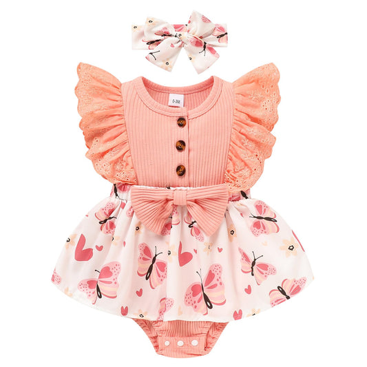 Sinhoon Baby Girl Clothes Newborn Ruffled Sleeveless Romper Floral Dreesy Bodysuit Heaedband 3pcs Baby Girl Summer Clothes