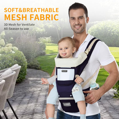 KIYUMI Baby Carrier with Hip Seat, 6- in-1 Baby Carrier Newborn to Toddler, Ergonomic M Position with Head Support and Breathable Mesh,Adjustable Removable Baby Sling Carrier (7-45 lbs) BXLU