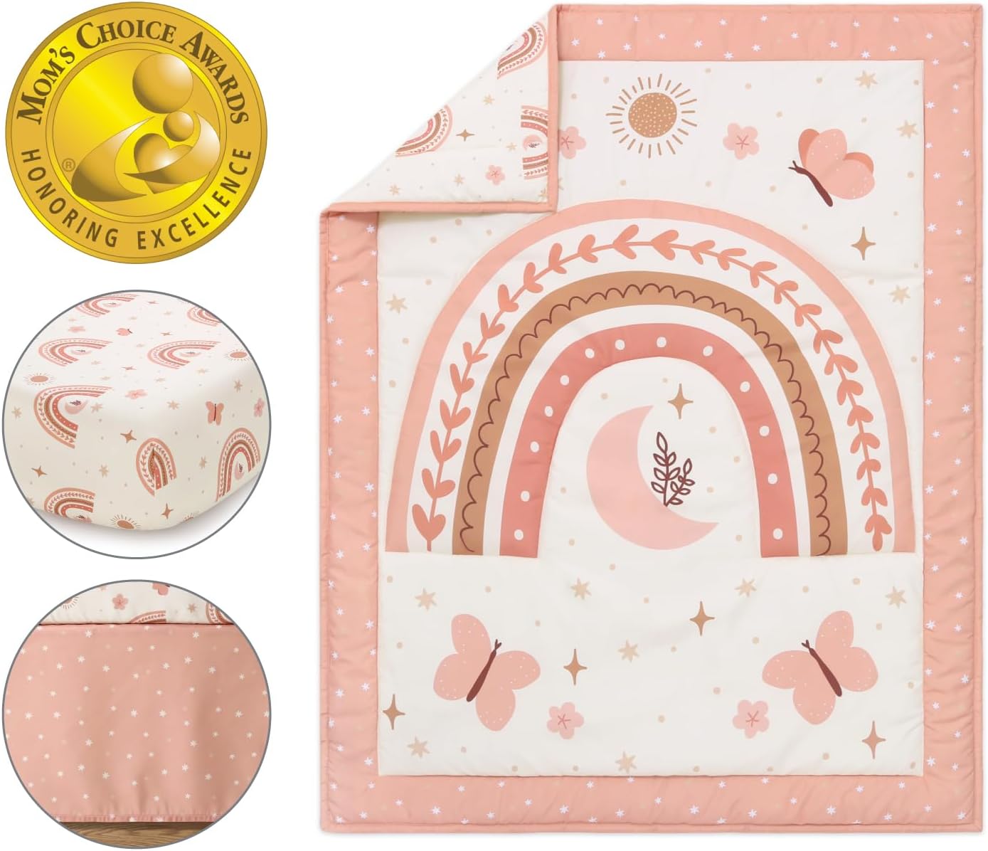 The Peanutshell 3 Piece Baby Crib Bedding Set for Girls - Newborn, Infant & Toddler Nursery Bed Set Decor with Fitted Crib Sheet, Dust Ruffle Comforter - Boho Rainbow