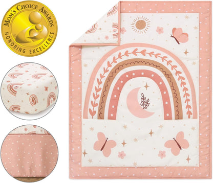 The Peanutshell 3 Piece Baby Crib Bedding Set for Girls - Newborn, Infant & Toddler Nursery Bed Set Decor with Fitted Crib Sheet, Dust Ruffle Comforter - Boho Rainbow