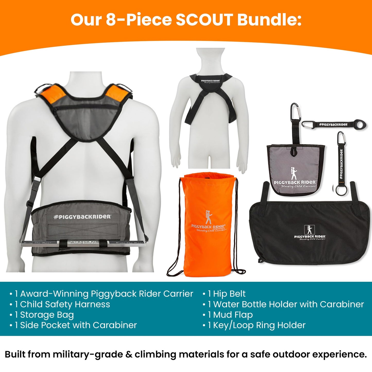 Piggyback SCOUT Toddler Carrier Backpack Deluxe - 6 Piece Set: Hip Belt, Carry Bag, Side Pocket, Mud Flap, Water Bottle & Selfie Stick Holders - For Ages 2-4 (Under 50 lbs) - Hiking & Travel