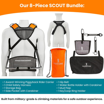 Piggyback SCOUT Toddler Carrier Backpack Deluxe - 6 Piece Set: Hip Belt, Carry Bag, Side Pocket, Mud Flap, Water Bottle & Selfie Stick Holders - For Ages 2-4 (Under 50 lbs) - Hiking & Travel