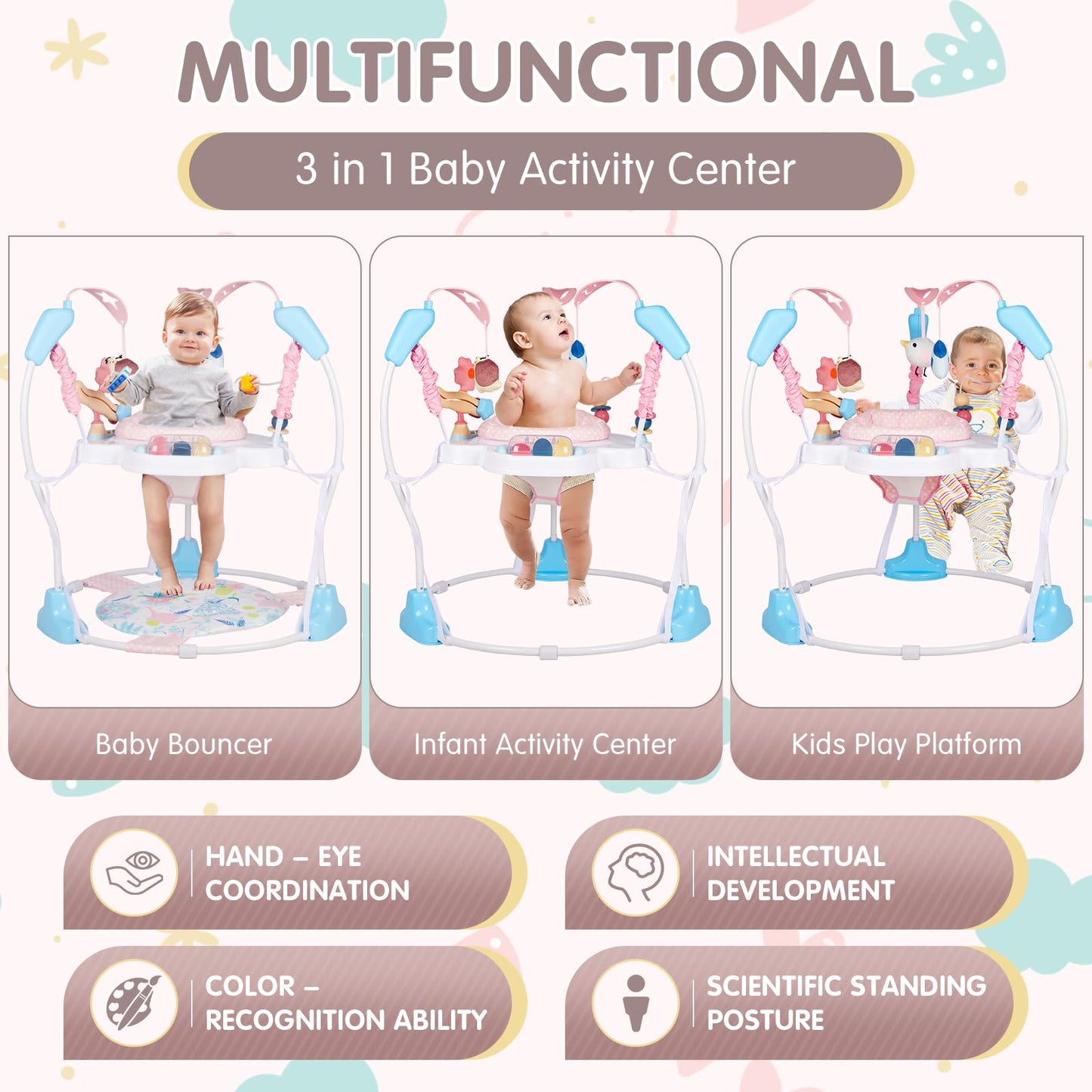 Baby Activity Center, 3-in-1 Baby Jumper, Infant Activity Center with 360° Rotating Seat, Music, Lights, 3 Adjustable Heights, Infant Activity Jumper for 6+ Months JP2401