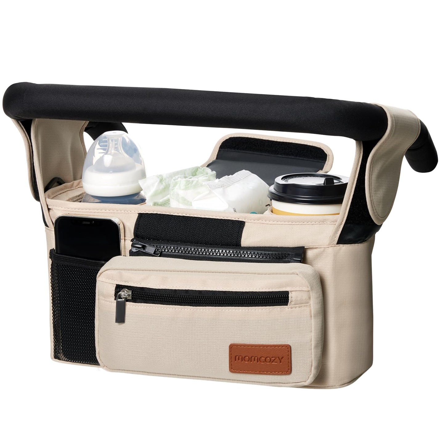 Momcozy Universal Stroller Organizer, 2 Insulated Cup Holders, Removable Zip Pocket, Adjustable Straps, Large Capacity Baby Essentials Compact Design, Fits Any Stroller (Multicolor)
