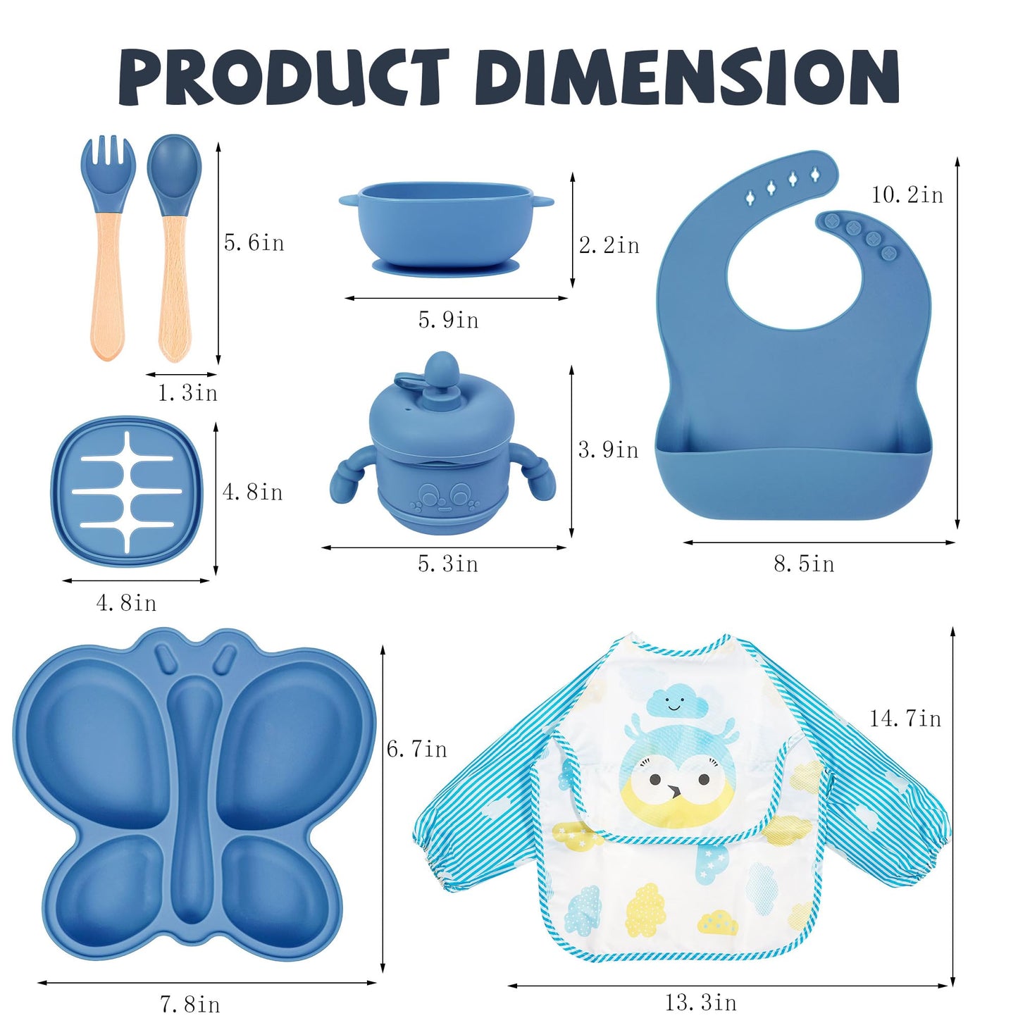 Silicone Baby Feeding Set, Baby Led Weaning Supplies, Silicone Suction Butterfly Plate, Bowl, Spoons, Fork and Waterproof Bib & Cloth Bib, Eating Utensils Baby Feeding Essentials (Purple)