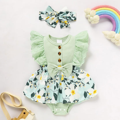 Sinhoon Baby Girl Clothes Newborn Ruffled Sleeveless Romper Floral Dreesy Bodysuit Heaedband 3pcs Baby Girl Summer Clothes