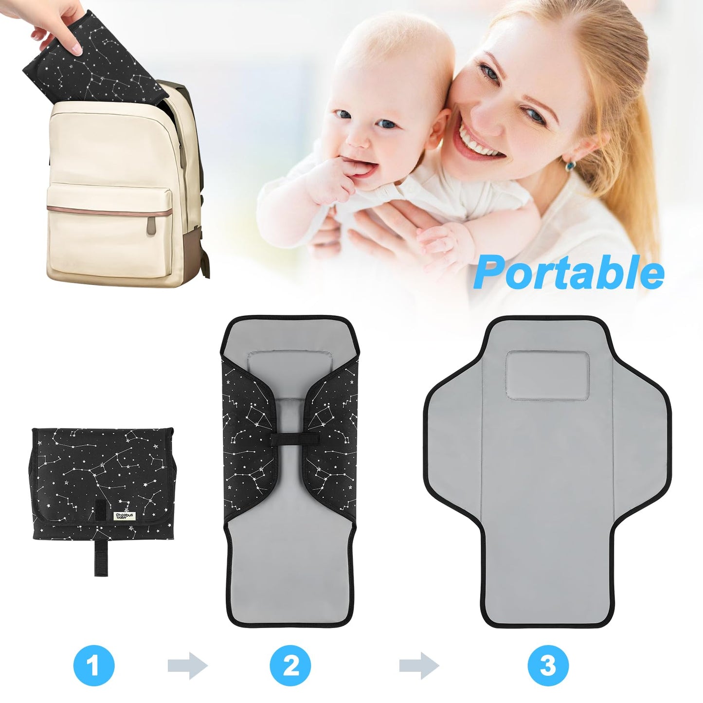 Baby Portable Changing Pad Travel - Waterproof Compact Diaper Changing Mat with Built-in Pillow - Lightweight & Foldable Changing Station, Newborn Shower Gifts