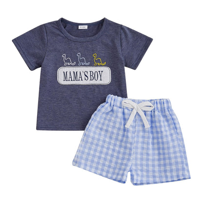 Toddler Baby Boy Summer Outfits Short Sleeve Embroidered T Shirt Tees + Striped/Plaid Shorts Infant Clothes Set